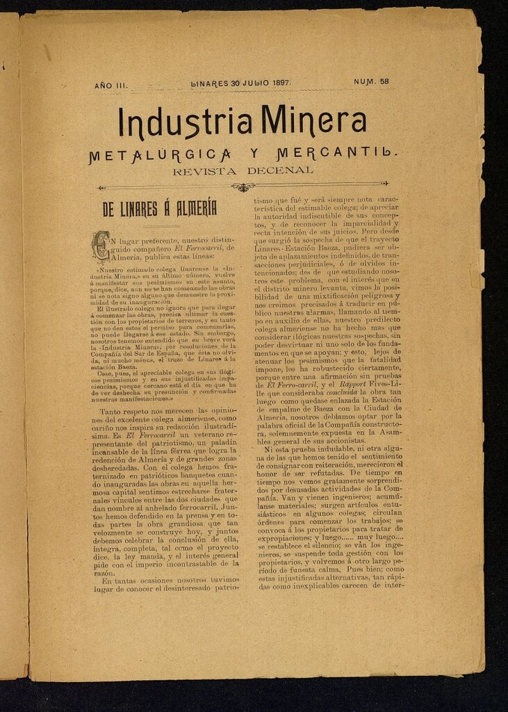 Miniatura de La Industria Minera Metalurgica y Mercantil Linares de 30 de julio de 1897, nº 58