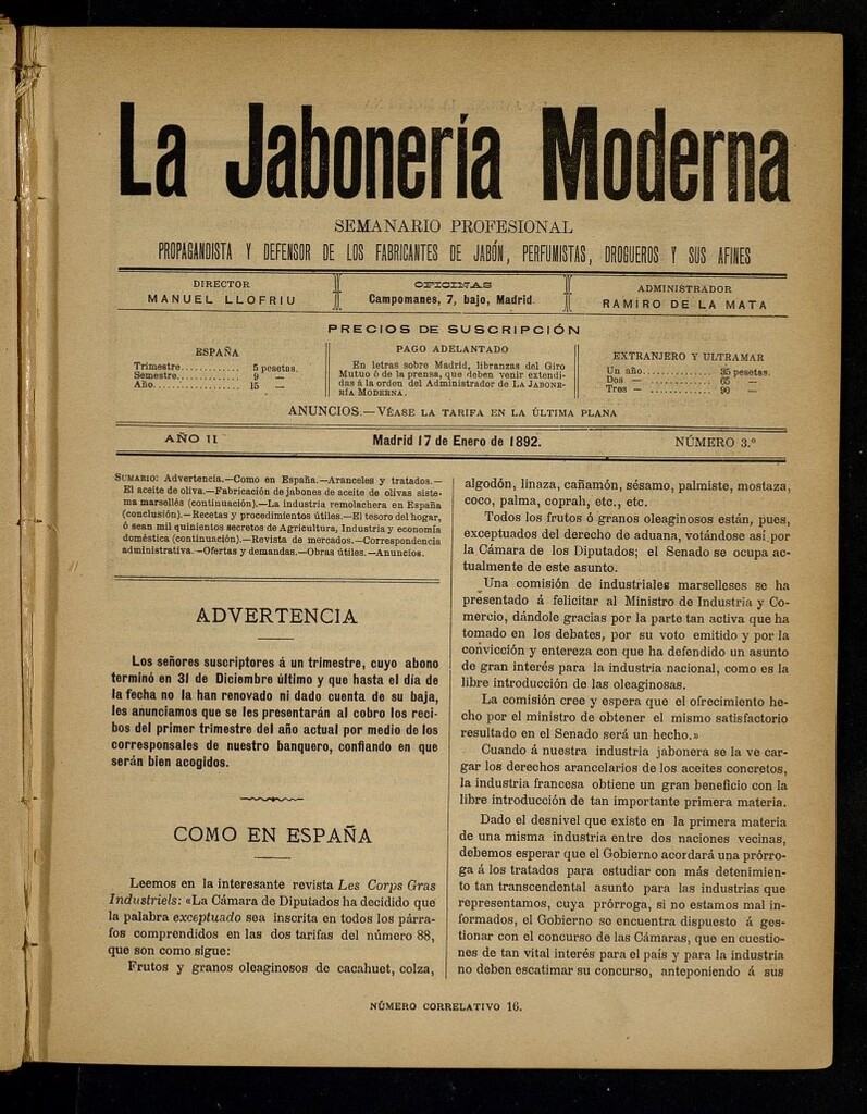 Miniatura de La Jabonería Moderna de 17 de enero de 1892, nº 3