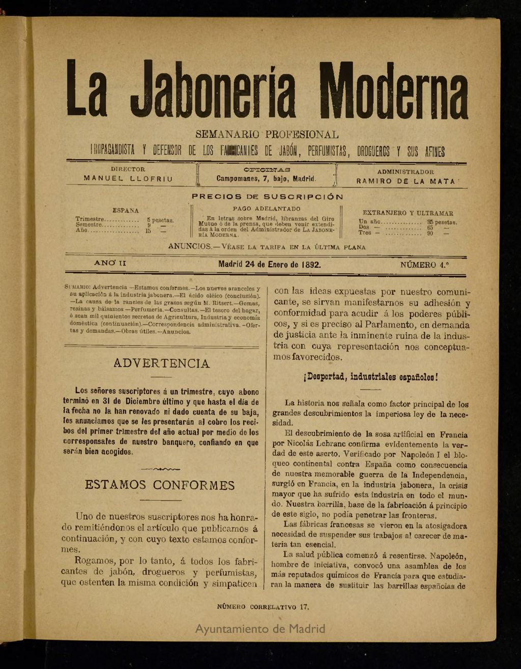 Miniatura de La Jabonería Moderna de 24 de enero de 1892, nº 4