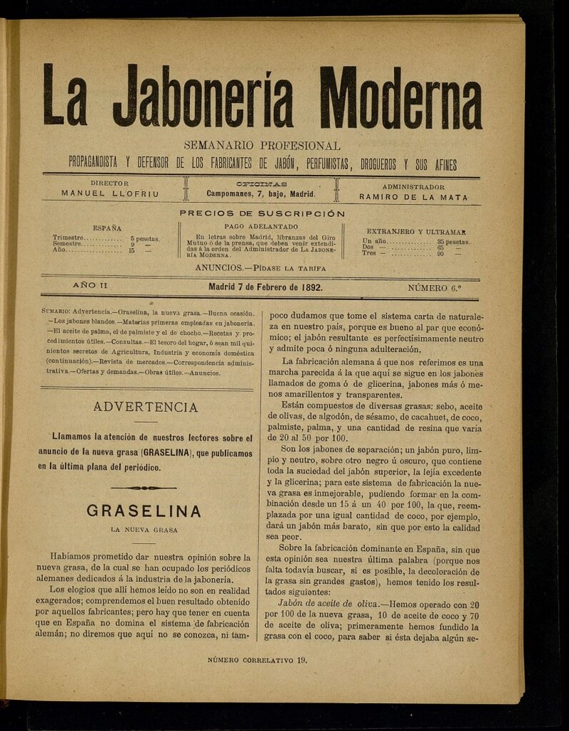 Miniatura de La Jabonería Moderna de 7 de febrero de 1892, nº 6