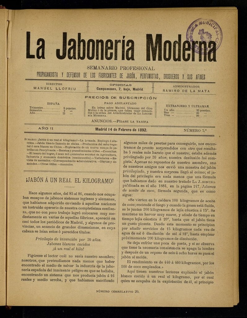 Miniatura de La Jabonería Moderna de 14 de febrero de 1892, nº 7