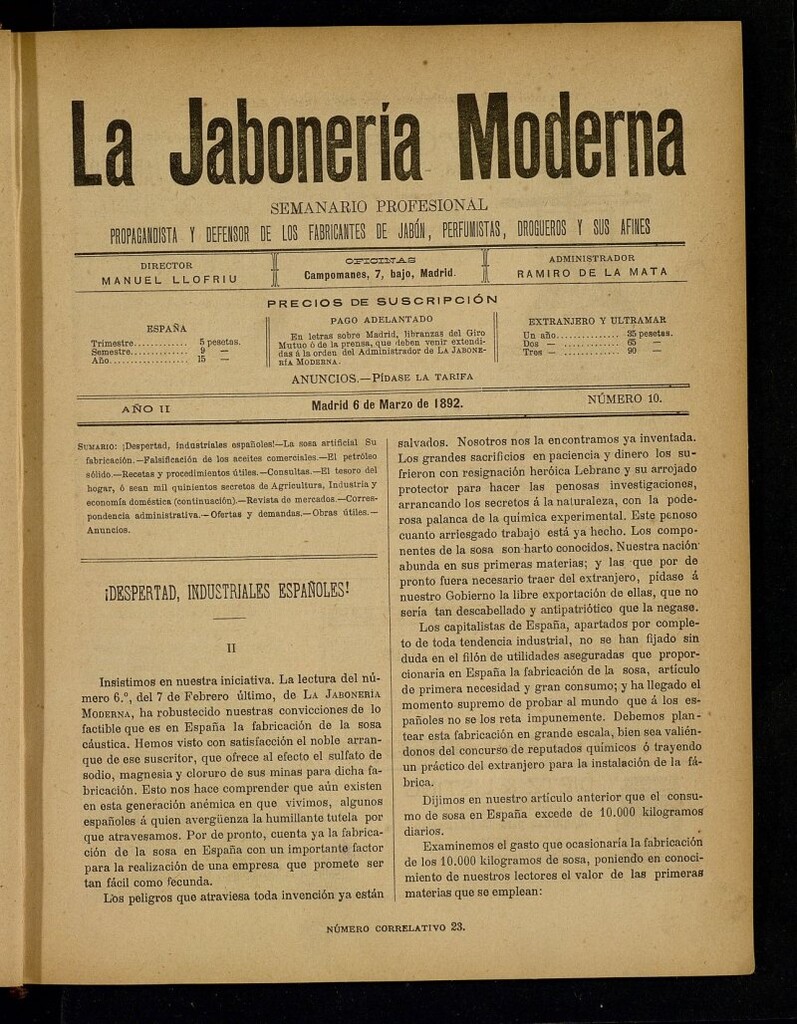 Miniatura de La Jabonería Moderna de 6 de marzo de 1892, nº 10
