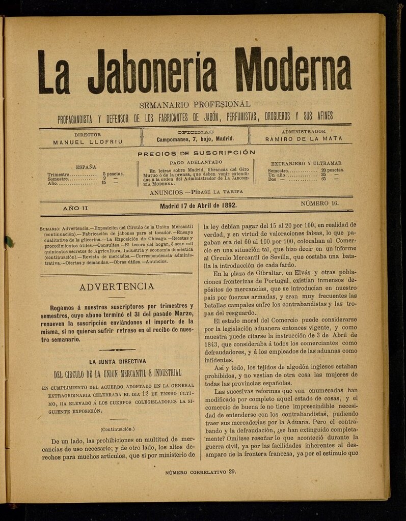 Miniatura de La Jabonería Moderna de 17 de abril de 1892, nº 16