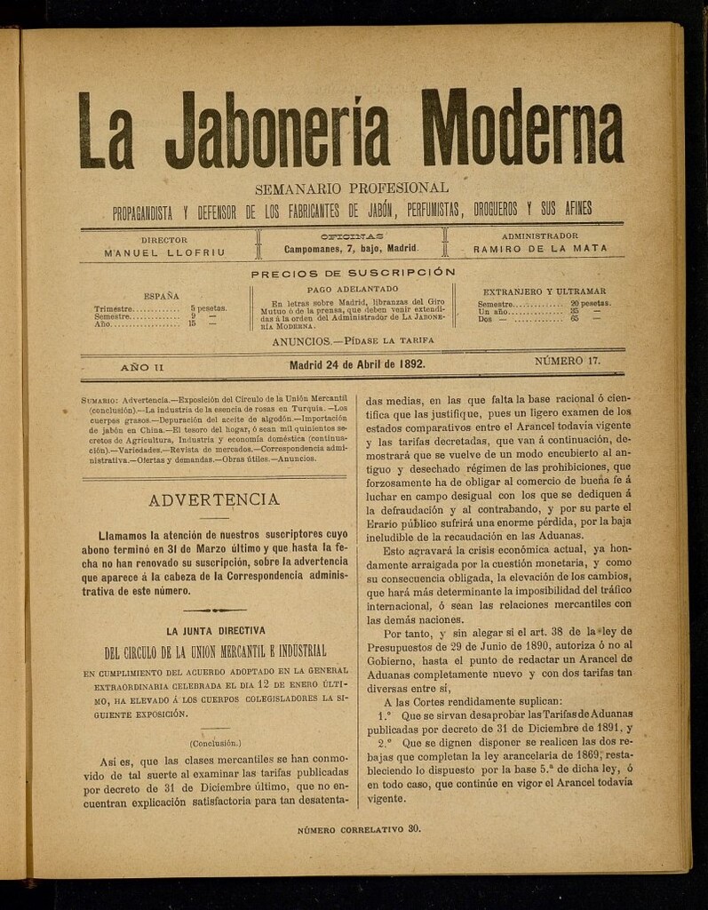 Miniatura de La Jabonería Moderna de 24 de abril de 1892, nº 17