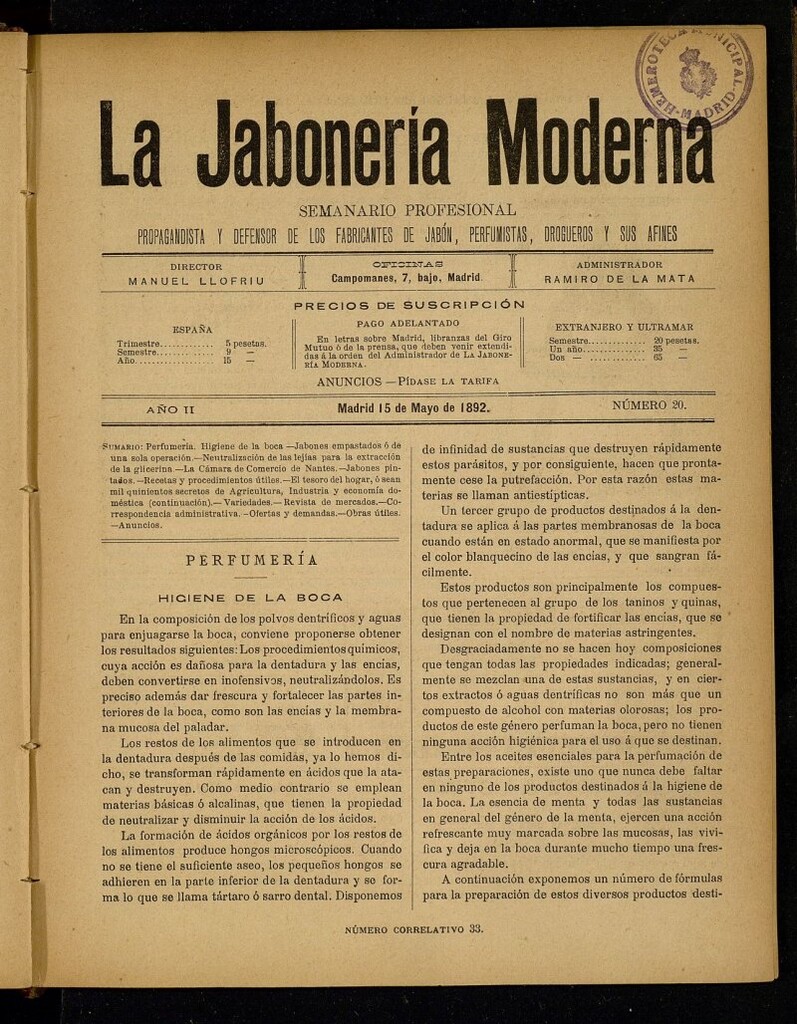 Miniatura de La Jabonería Moderna de 15 de mayo de 1892, nº 20