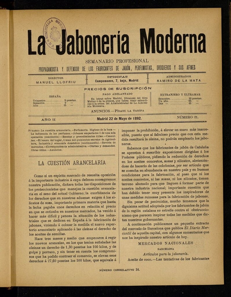 Miniatura de La Jabonería Modernade 22 de mayo de 1892, nº 21