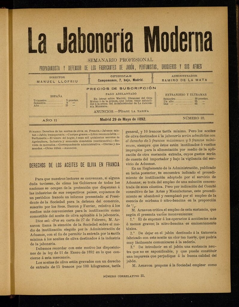 Miniatura de La Jabonería Moderna de 29 de mayo de 1892, nº 22