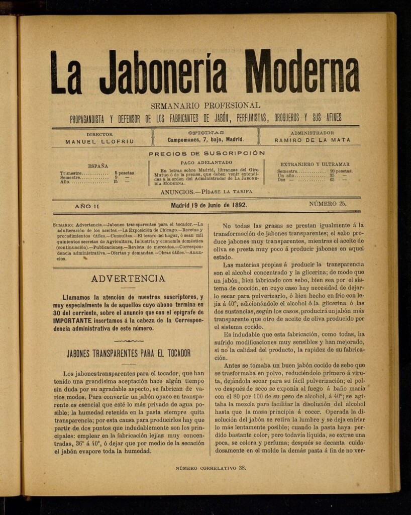 Miniatura de La Jabonería Moderna de 19 de junio de 1892, nº 25