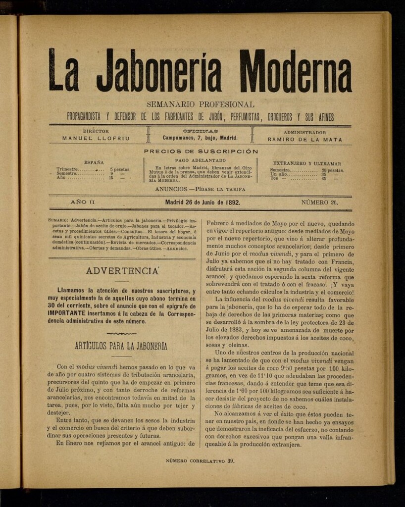 Miniatura de La Jabonería Moderna de 26 de junio de 1892, nº 26