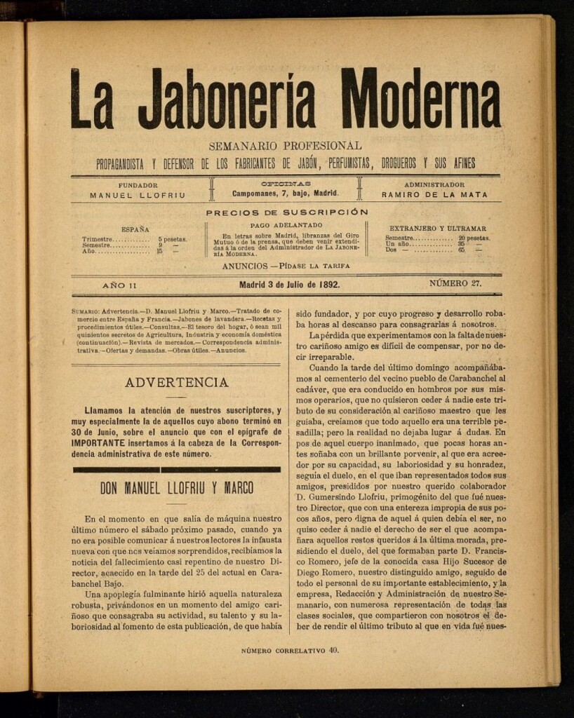Miniatura de La Jabonería Moderna de 3 de julio de 1892, nº 27