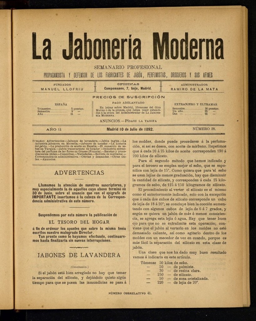 Miniatura de La Jabonería Moderna de 10 de julio de 1892, nº 28