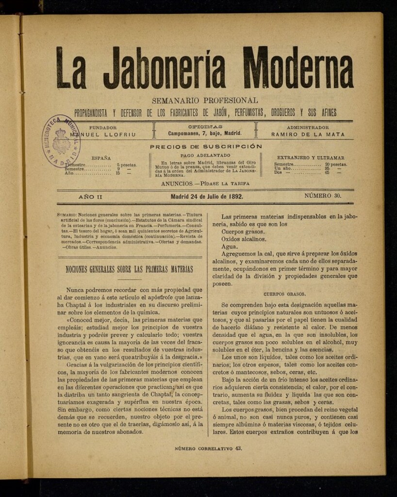 Miniatura de La Jabonería Moderna de 24 de julio de 1892, nº 30