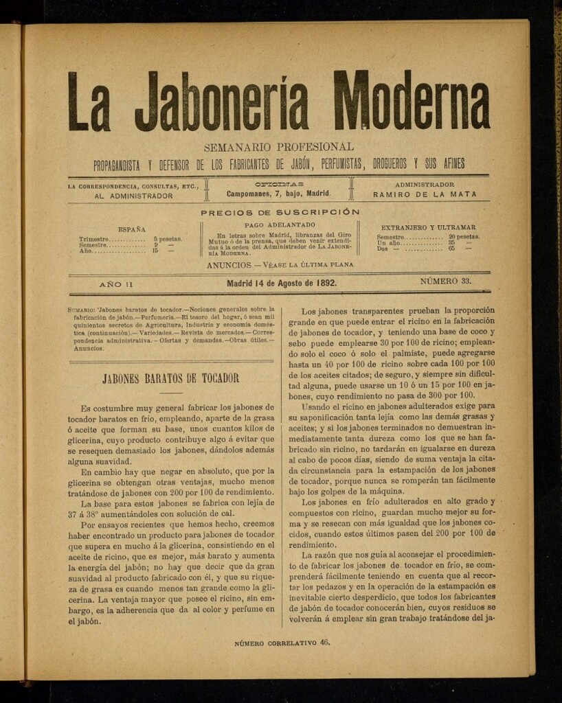 Miniatura de La Jabonería Moderna de 14 de agosto de 1892, nº 33