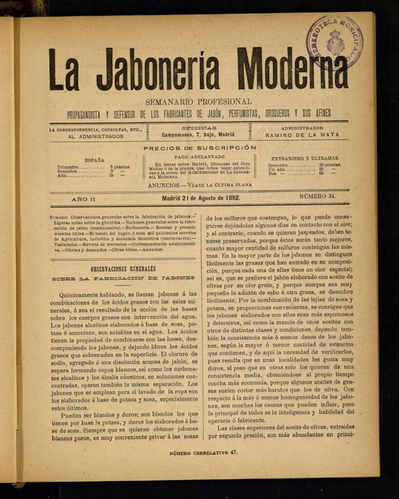 Miniatura de La Jabonería Moderna de 21 de agosto de 1892, nº 34