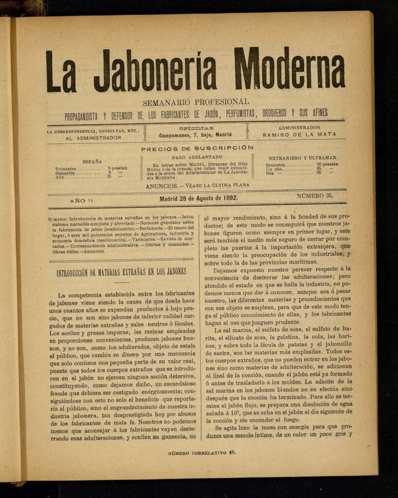 Miniatura de La Jabonería Moderna de 28 de agosto de 1892, nº 35