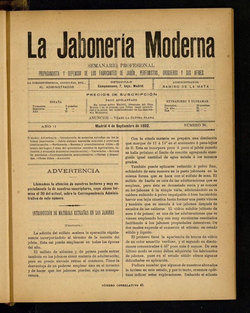 Miniatura de La Jabonería Moderna de 4 de septiembre de 1892, nº 36