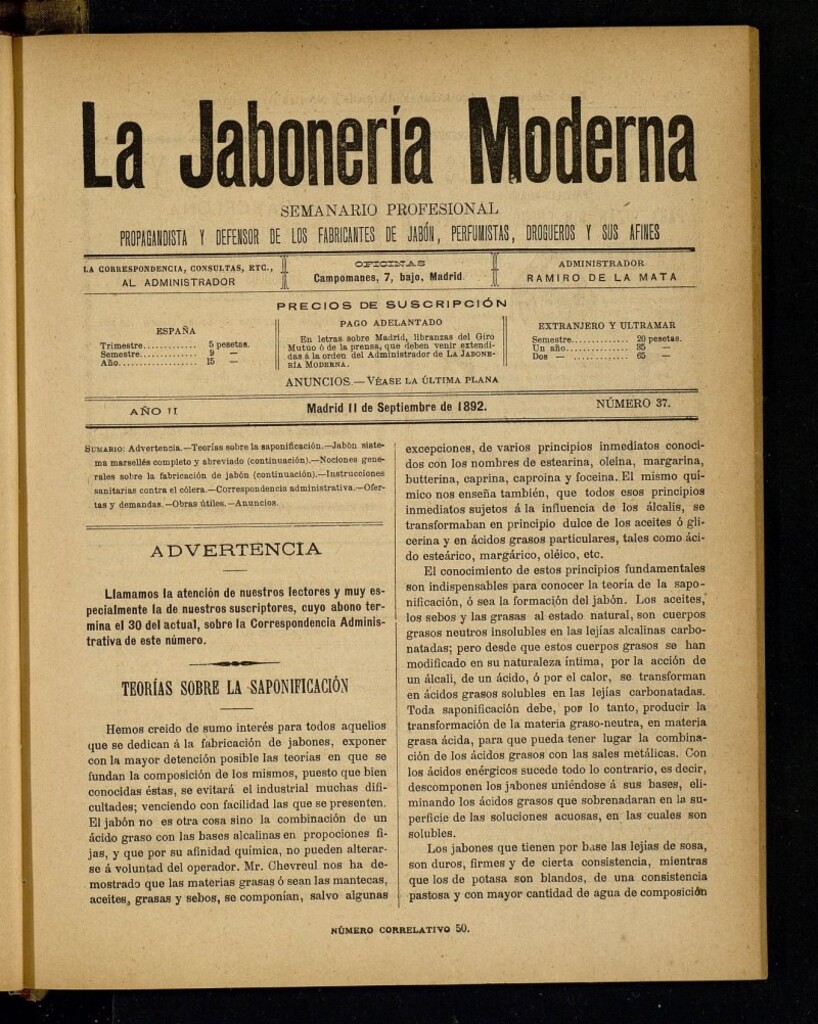 Miniatura de La Jabonería Moderna de 11 de septiembre de 1892, nº 37