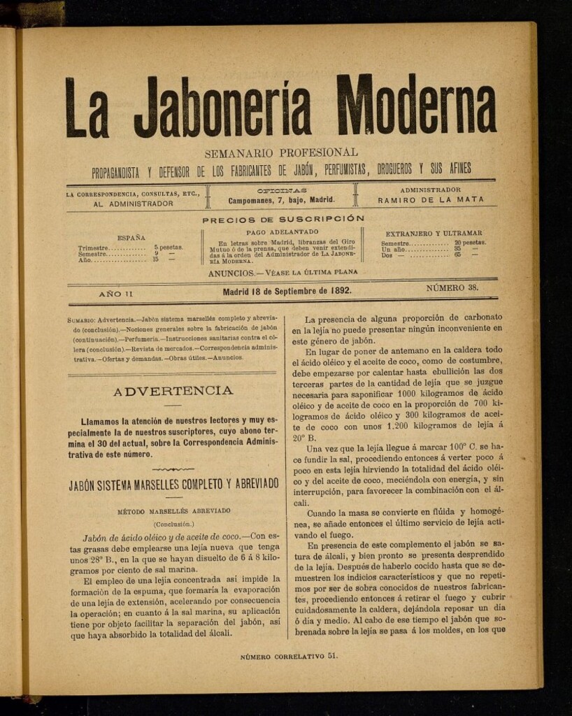 Miniatura de La Jabonería Moderna de 18 de septiembre de 1892, nº 38