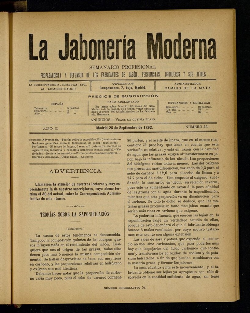 Miniatura de La Jabonería Moderna de 25 de septiembre de 1892, nº 39