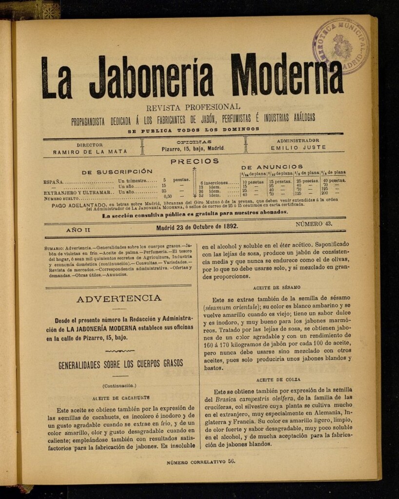 Miniatura de La Jabonería Moderna de 23 de octubre de 1892, nº 43
