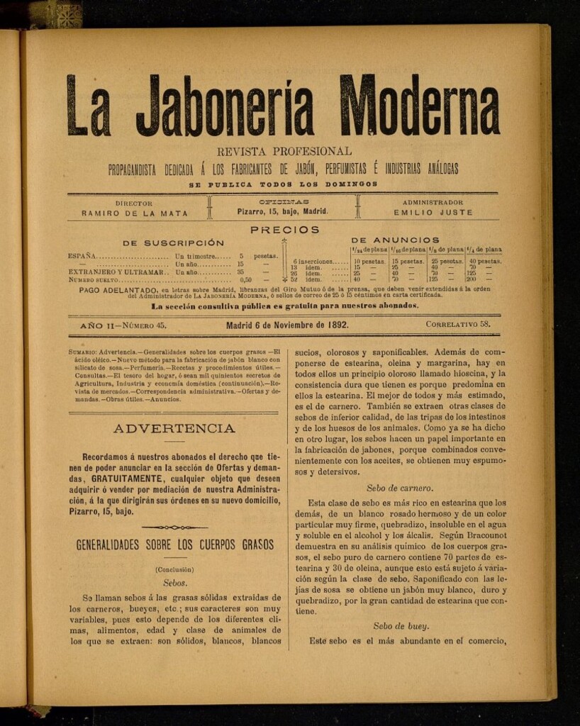 Miniatura de La Jabonería Moderna de 6 de noviembre de 1892, nº 45 correlativo 58