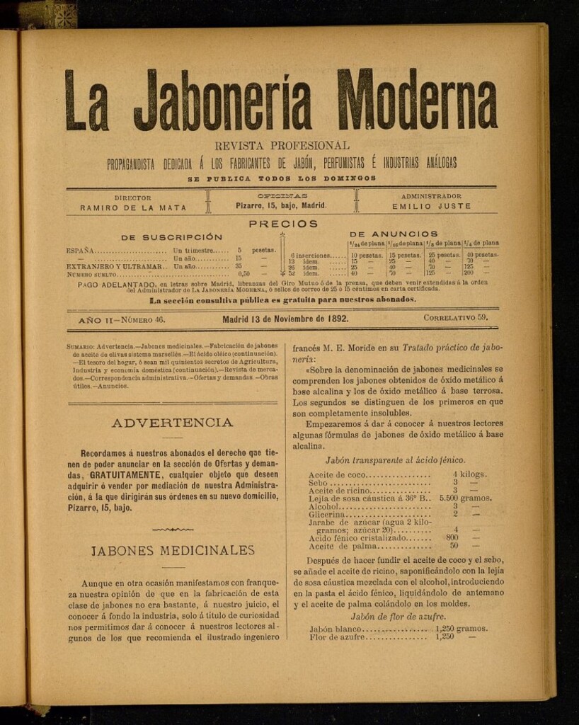 Miniatura de La Jabonería Moderna de 13 de noviembre de 1892, nº 46 correlativo 59