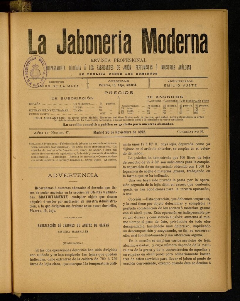 Miniatura de La Jabonería Moderna de 20 de noviembre de 1892, nº 47 correlativo 60