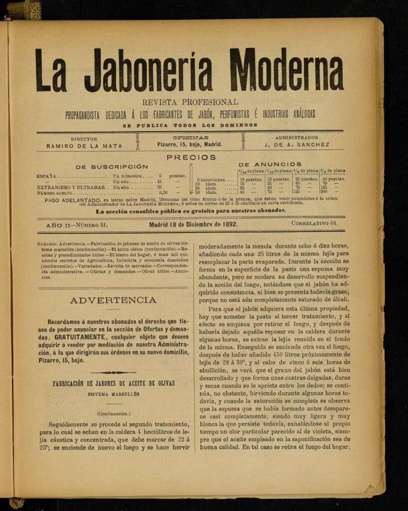 Miniatura de La Jabonería Moderna de 18 de diciembre de 1892, nº 51 correlativo 64