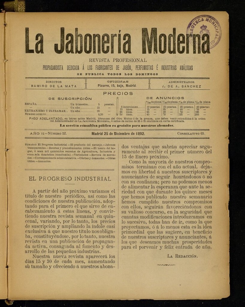 Miniatura de La Jabonería Moderna de 25 de diciembre de 1892, nº 52 correlativo 65