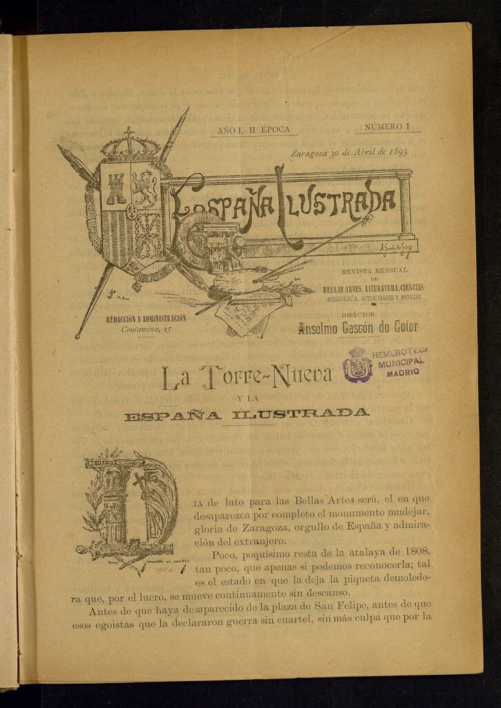 Miniatura de España Ilustrada: revista mensual de Bellas Artes, Literatura, Ciencias, Arqueología, actividades y noticias del 30 de abril de 1893, nº I