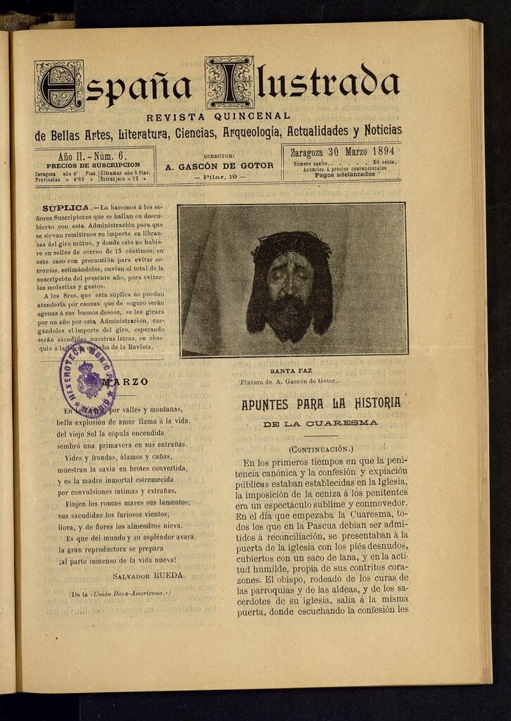 Miniatura de España Ilustrada: revista mensual de Bellas Artes, Literatura, Ciencias, Arqueología, actividades y noticias del 30 de marzo de 1894, nº 6