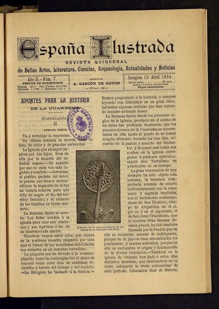 Miniatura de España Ilustrada: revista mensual de Bellas Artes, Literatura, Ciencias, Arqueología, actividades y noticias del 15 de abril de 1894, nº 7