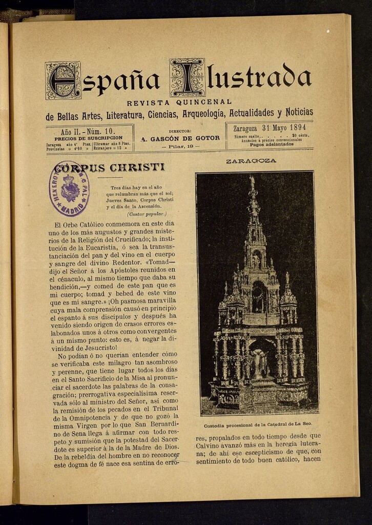 Miniatura de España Ilustrada: revista mensual de Bellas Artes, Literatura, Ciencias, Arqueología, actividades y noticias del 31 de mayo de 1894, nº 10