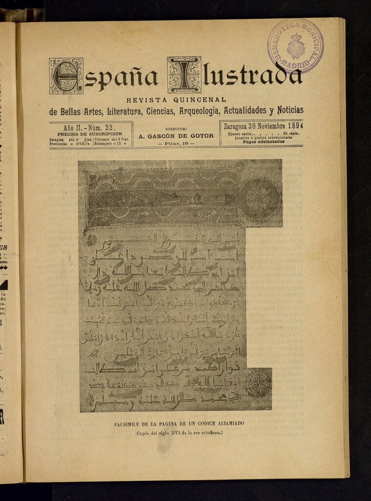 Miniatura de España Ilustrada: revista mensual de Bellas Artes, Literatura, Ciencias, Arqueología, actividades y noticias del 30 de noviembre de 1894, nº22
