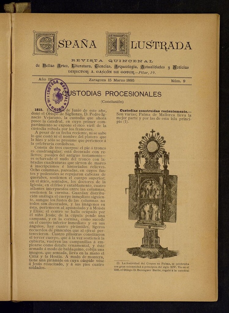 Miniatura de España Ilustrada: revista mensual de Bellas Artes, Literatura, Ciencias, Arqueología, actividades y noticias del 15 de marzo de 1895, nº 9 [sic]