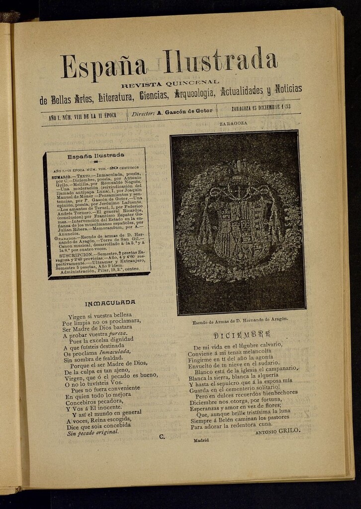 Miniatura de España Ilustrada: revista mensual de Bellas Artes, Literatura, Ciencias, Arqueología, actividades y noticias del 15 de diciembre de 1893, nº VIII
