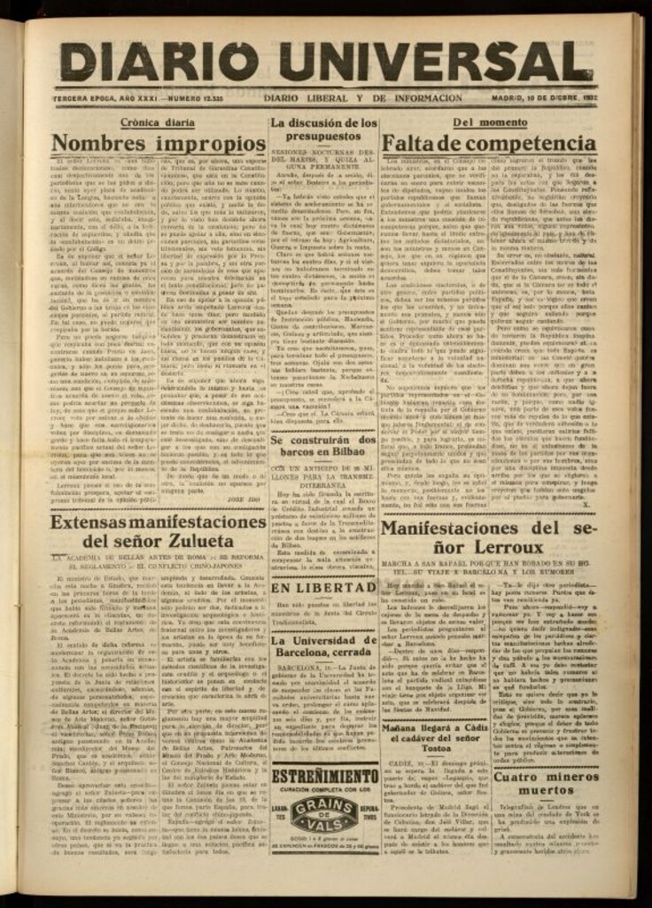 Miniatura de Diario Universal del 10 de diciembre de 1932