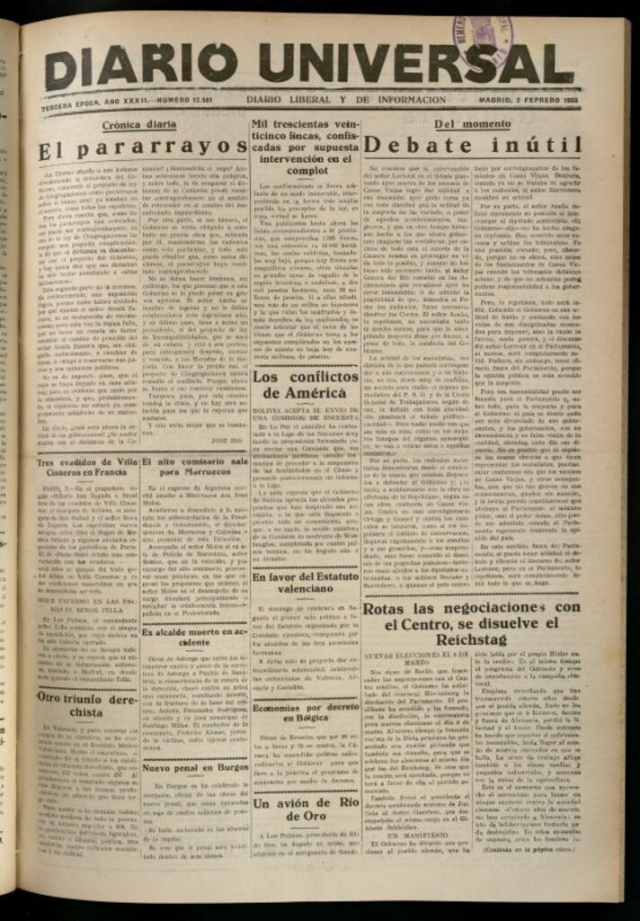 Miniatura de Diario Universal del 2 de febrero de 1933