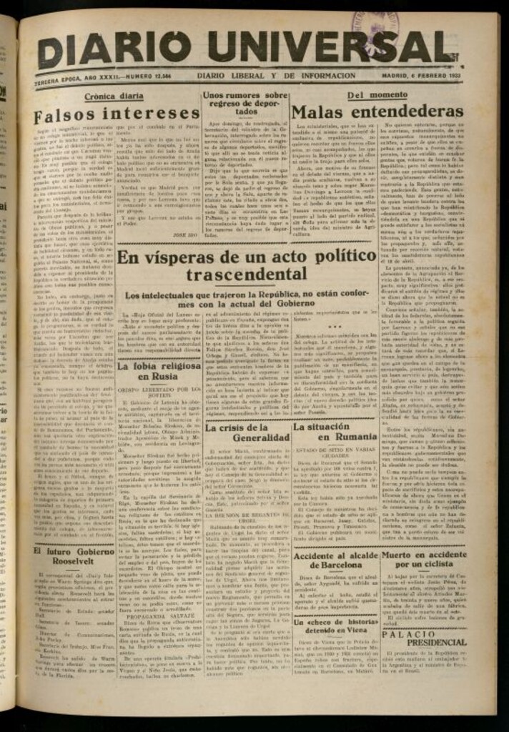 Miniatura de Diario Universal del 6 de febrero de 1933