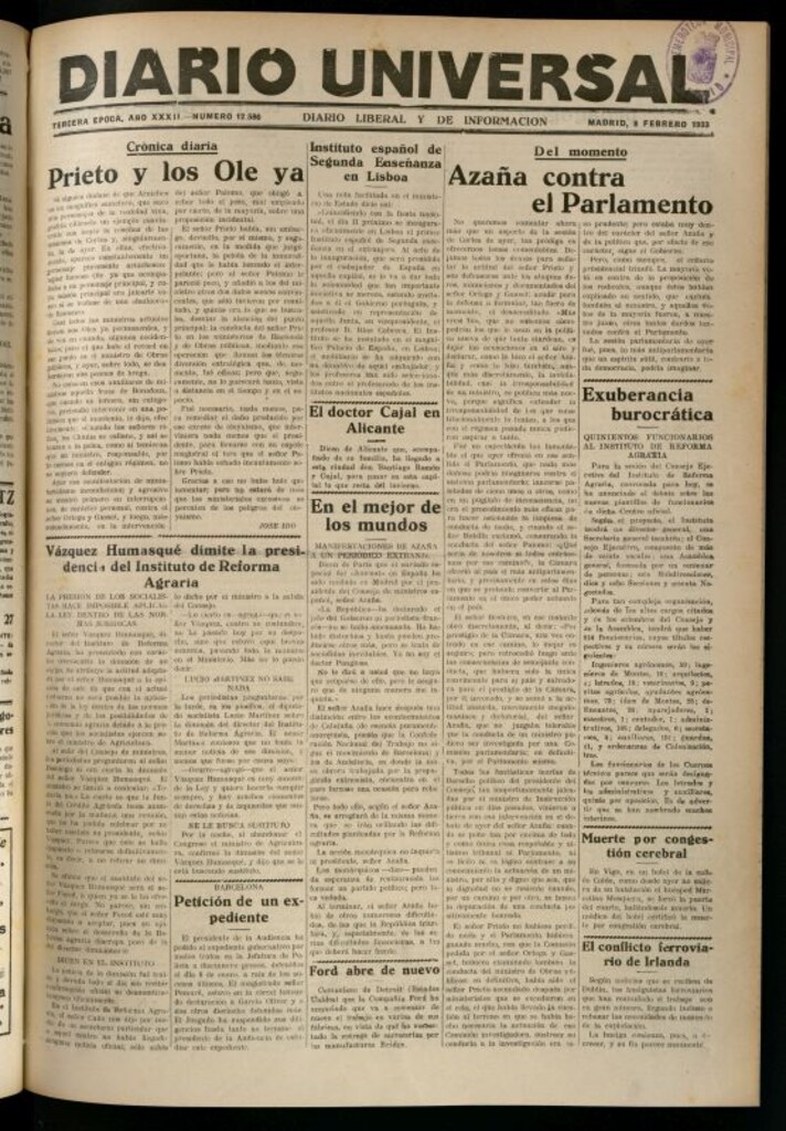 Miniatura de Diario Universal del 8 de febrero de 1933