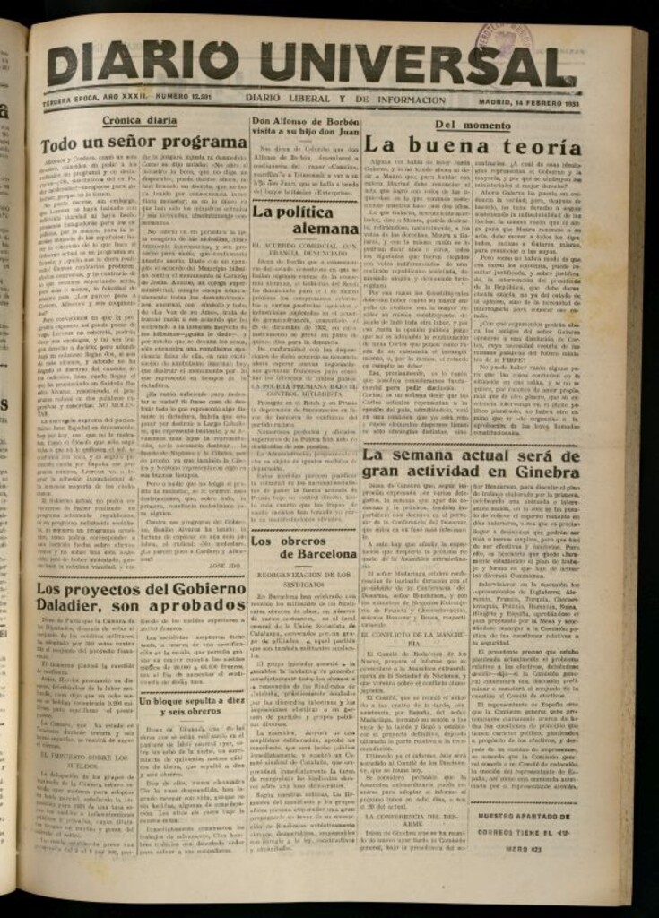 Miniatura de Diario Universal del 14 de febrero de 1933