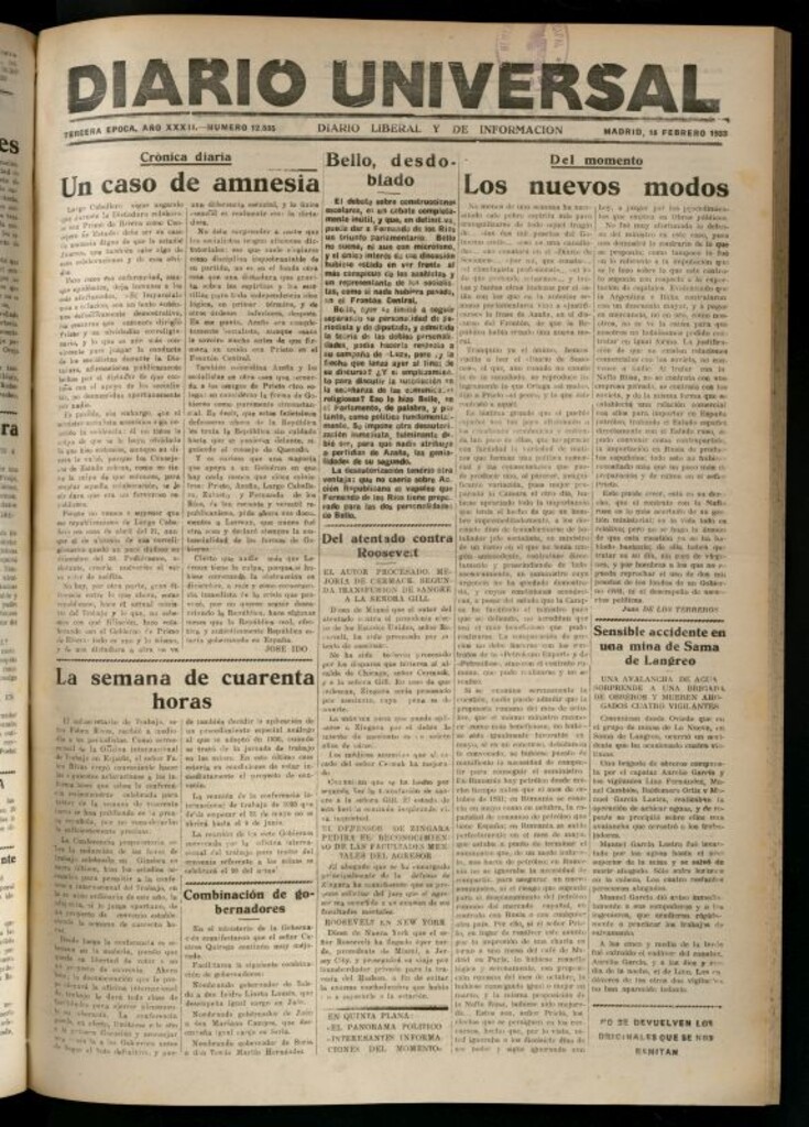 Miniatura de Diario Universal del 18 de febrero de 1933