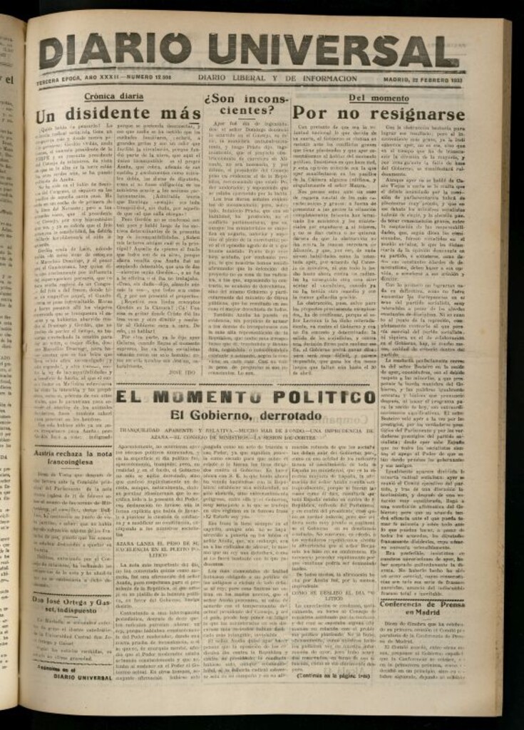 Miniatura de Diario Universal del 22 de febrero de 1933