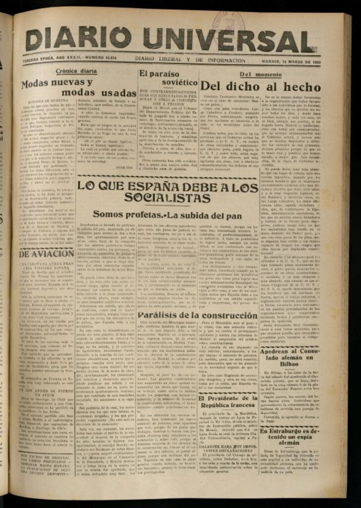 Miniatura de Diario Universal del 13 de marzo de 1933