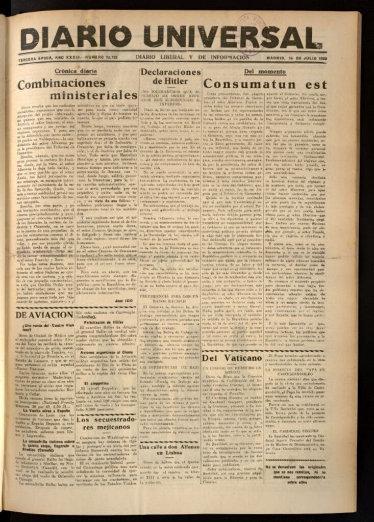 Miniatura de Diario Universal del 14 de julio de 1933
