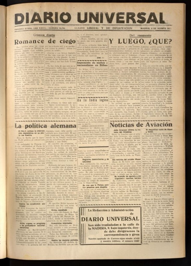 Miniatura de Diario Universal del 8 de agosto de 1933