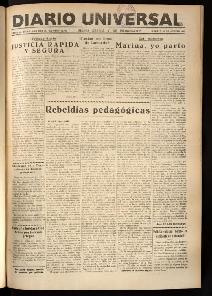 Miniatura de Diario Universal del 14 de agosto de 1933