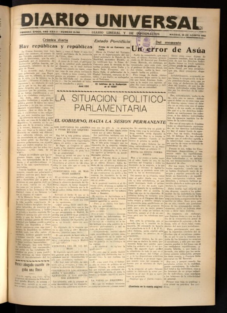Miniatura de Diario Universal del 30 de agosto de 1933