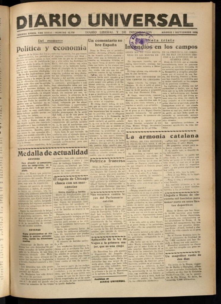 Miniatura de Diario Universal del 7 de septiembre de 1933