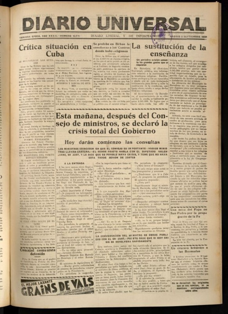 Miniatura de Diario Universal del 8 de septiembre de 1933